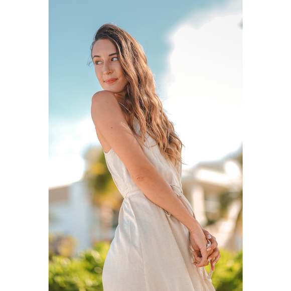 Resort Midi Wrap Dress by T. ZOVICH Linen Sleeveless Beige Raw Hem Ecofriendly - Picture 6 of 16